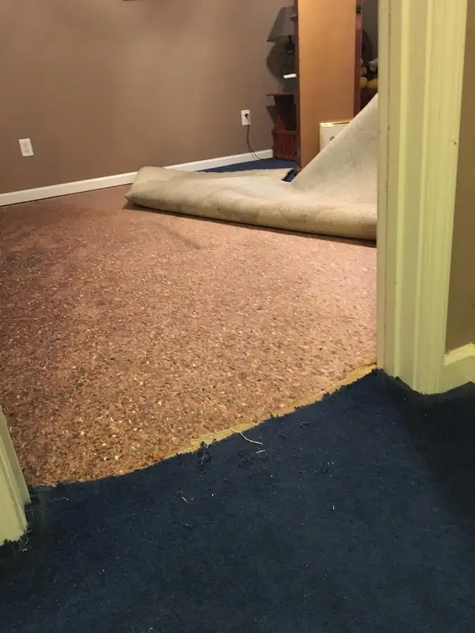 Carpet pad removal revealing water damage during Water Mitigation Services in La Mesa